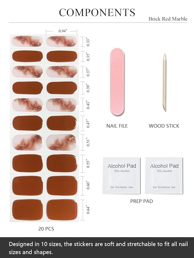 Semi Cured Gel Nail Strips (Brick Red Marble), Brown, 20 Pcs Gel Nail Wraps, Stickers, UV Light Required, Salon Quality, Long Lasting