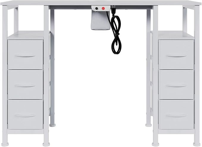 Manicure Table Nail Desk for Nail Tech, Nail Beauty Table w/Electric Dust Collector & 6 Storage Drawers & Open Shelves for Home, Workshop, Makeup Beauty Salon Workstation
