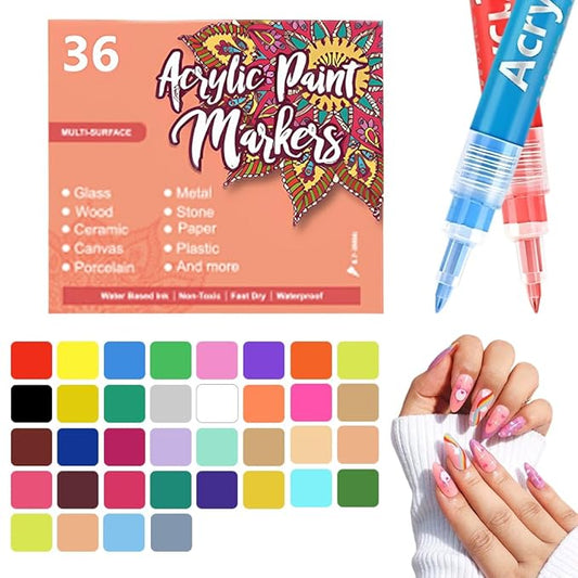 36 Colors Nail Art Pens for Painting Nails, 0.7mm Acrylic Paint Makers DIY Nail Art Markers for Kids and Adults, Quick-drying Nail Polish Pens Doodle Pens for Drawing Point Liner