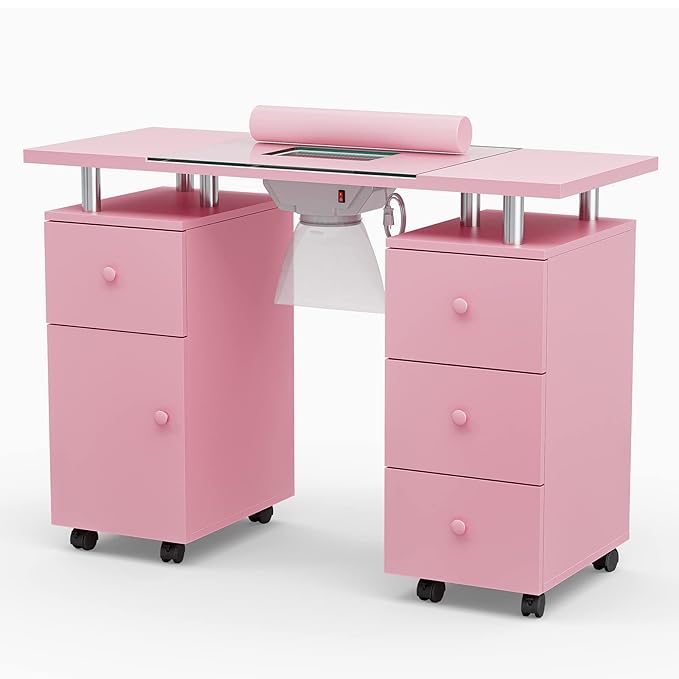 Paddie Manicure Table, Glass Top Nail Makeup Desk Nail Table Station for Nail Tech w/Electric Downdraft Vent, Wrist Cushion, Lockable Wheels, Storage Drawers, Wooden Handles（Pink）