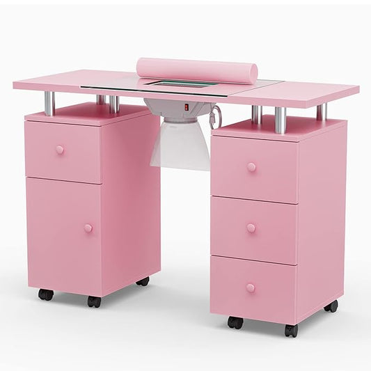Paddie Manicure Table, Glass Top Nail Makeup Desk Nail Table Station for Nail Tech w/Electric Downdraft Vent, Wrist Cushion, Lockable Wheels, Storage Drawers, Wooden Handles（Pink）