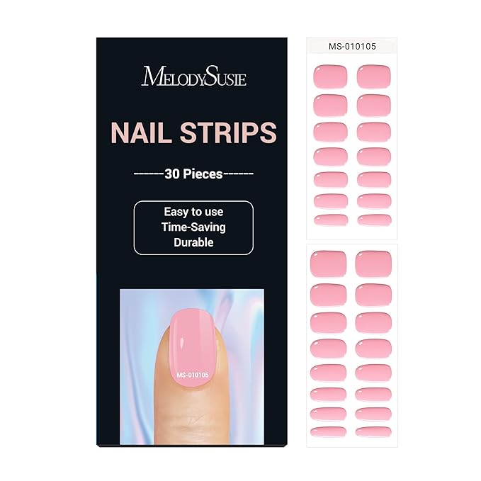 MelodySusie Semi Cured Gel Nail Strips, Candy Pink, Works with Nail Lamps, Salon Quality, Long Lasting, Easy to Apply, Includes 30Pcs, 2 Prep Pads, Nail File and Wooden Stick