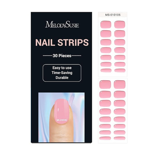 MelodySusie Semi Cured Gel Nail Strips, Candy Pink, Works with Nail Lamps, Salon Quality, Long Lasting, Easy to Apply, Includes 30Pcs, 2 Prep Pads, Nail File and Wooden Stick