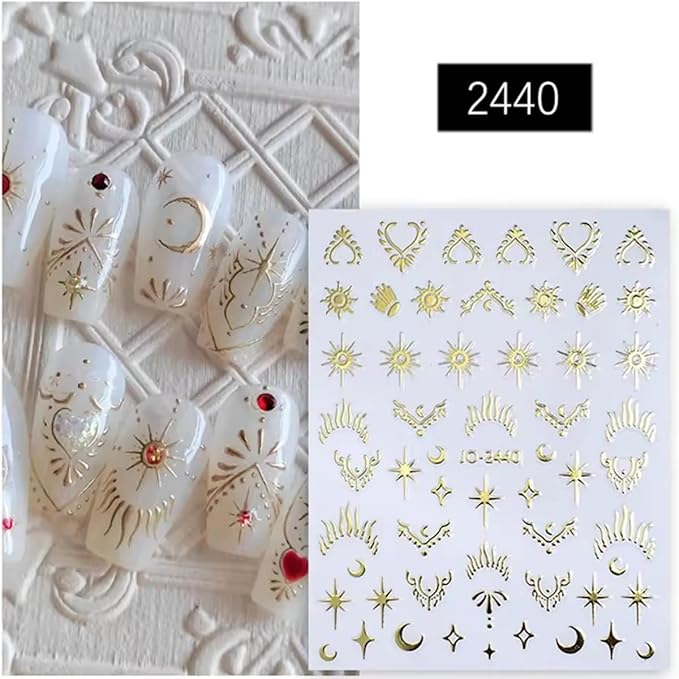 Star Nail Stickers 6 Sheets Gold Silver Nail Decals Sun Star Moon Nails Design Supplies Self-Adhesive 3D Nail Art Stickers for Women DIY Manicure Tips Decorations
