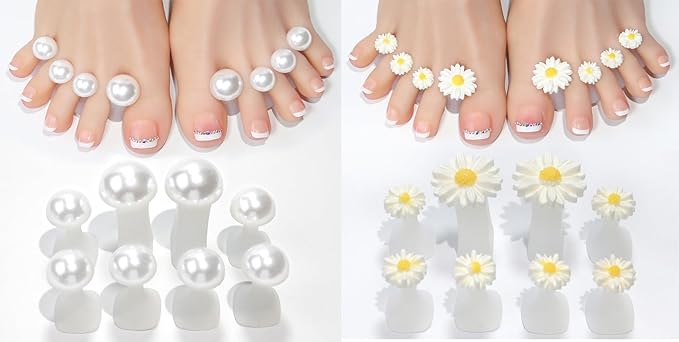16pcs White Pearl Daisy Toe Separators Silicone for Pedicure Nail Polish Gel Foot Toe Spacers Pedicures Nail Art Tools(8pcs White Pearl+ 8pcs Daisy)