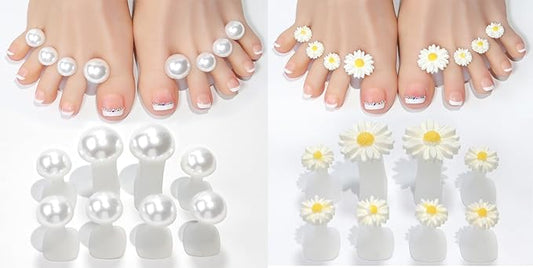 16pcs White Pearl Daisy Toe Separators Silicone for Pedicure Nail Polish Gel Foot Toe Spacers Pedicures Nail Art Tools(8pcs White Pearl+ 8pcs Daisy)