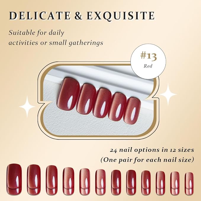 Red Cat Eye Press on Nails Medium Square, Medium Square Press Glue on Nails Chrome for Women Gift, Red Holographic Glitter Glossy Reusable Soft Gel Acrylic Fake Nail with Designs Cateye Effect