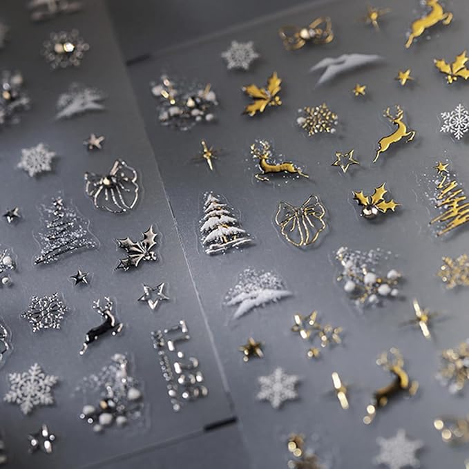 Christmas Nail Art Stickers 5D Embossed Christmas Nail Decals with Rhinestone 1PCS Gold Deer Xmas Tree Snowflake Xmas Nails Design Manicure Sticker Accessories for Women Holiday DIY Nail Decorations