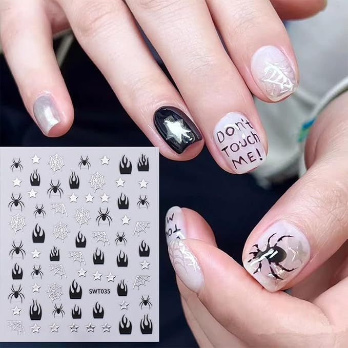 7 Sheets Halloween Nail Stickers 3D for Nail Art Glitter Heart Spider Web Flame Stars Punk Gothic Slider Manicure DIY Nail Art Decoration Accessories for Halloween Party