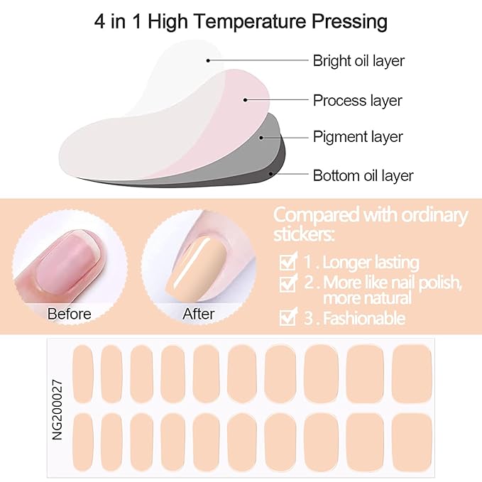 WOKOTO 20 Pcs Bisque Semi Cured Gel Nail Polish Strips With Nail File & Wooden Stick Holographic Gel Nail Strips UV Gel Nail Stickers Full Nail Wraps Stick On Nail Polish Stickers For Women