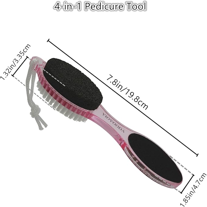 Foot File Callus Remover 4-in-1, Feet Scraper Pedicure Tools with Pumice Stone, Foot Scrubber Brush, Foot Rasp and Sand Paper, Double Sided Multi Purpose for Home Foot Care, Clear Pink