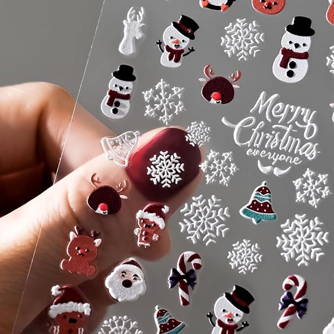 Christmas Nail Art Stickers - 5D Embossed Xmas Nail Decals with Snowflake, Santa Claus, Snowman & Elk Designs for Women & Girls' Winter Holiday Manicure
