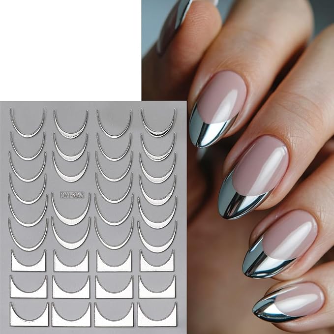 8 Sheets Gold Silver French Stripe Line Nail Stickers, 3D Self-Adhesive Decals with Gold Silver Geometric Waved Curve Lines Design for Elegant French Tips and DIY Manicure Decoration