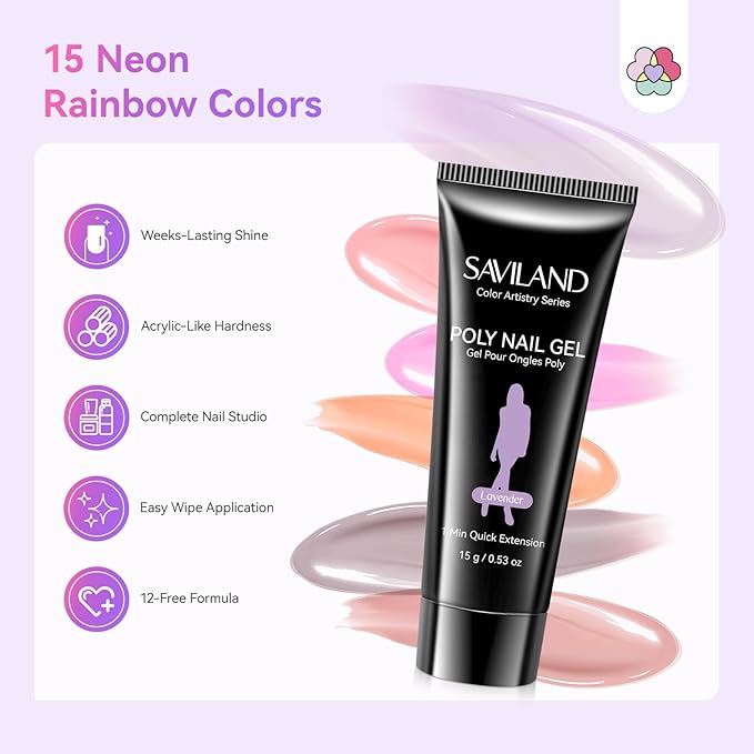 SAVILAND Poly Gel Nail Kit Starter: 15 Poly Gel Nail Colors for 28 Days Long-Lasting, All-in-1 Poly Nail Gel Kit with Slip Solution U V/LED Lamp, Suitable for Trendy Nail Art Home Salon Daily DIY