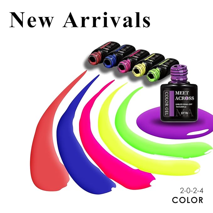 MEET ACROSS Neon Gel Nail Polish Set, 8 Colors Fluorescent Hot Pink Orange Blue Yellow Green Purple Red Rose Spring Summer Nail Polish Kit for Halloween