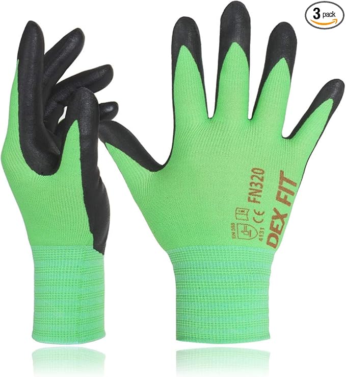 DEX FIT Premium Nylon Nitrile Work Gloves FN320, 3 Pairs, 3D-Comfort Stretchy Fit, Firm Grip, Thin & Lightweight, Durable, Breathable & Cool, Machine Washable; Green 8 (M)