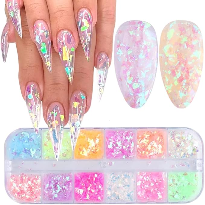 12 Grids Flaky Nail Art Glitter Sequins 3D Holographic Acrylic Nail Art Flakes Irregular Mermaid Nail Glitters Colorful Fluorescent Glass Paper Nail Sequins Women Party DIY Nail Beauty Accessories