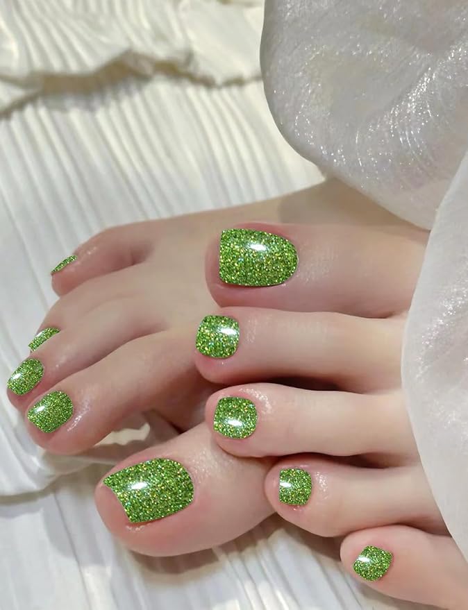 Semi Cured Gel Toenail Strips, 26 Green Glitter Gel Toe Nail Stickers, Works with Any UV Lamps