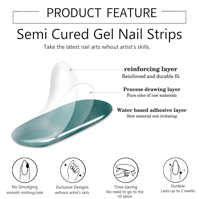 WOKOTO 1 Sheet Semi Cured Gel Nail Strips With Wood Stick, Nail File & Prepared Pads, 20 Tips Glittery Fantasy Green Semi Cured Nail Polish Strips, Harden With UV Light Gel Nail Wraps Stickers