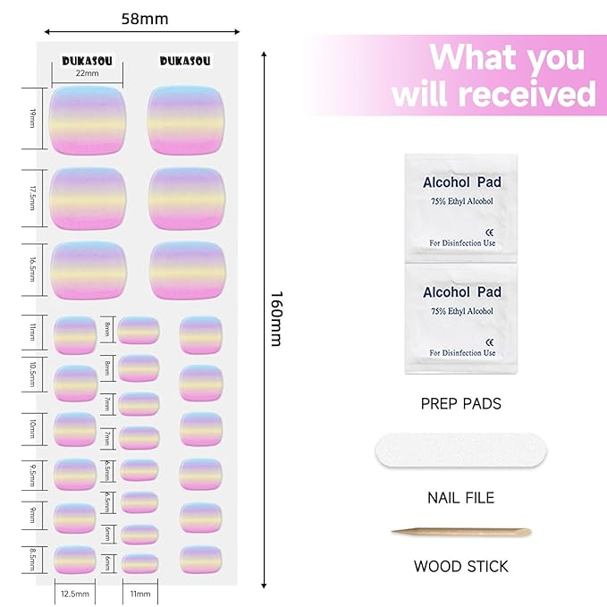 Semi Cured Gel Toe Nail Strips,26 Pcs Toe Nail Stickers Wraps for Holiday(Rainbow),Gel Strips UV Light Required,Easy to Apply