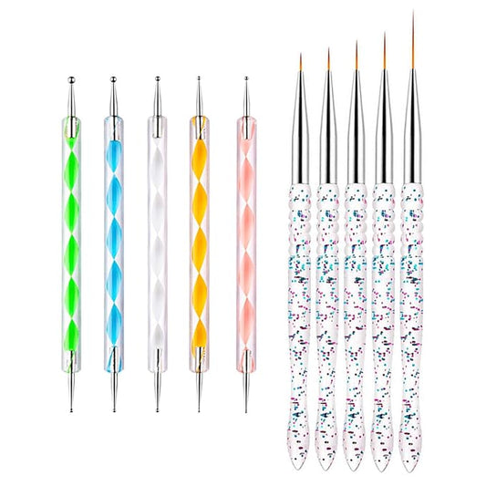 Nail Dotting Tools Kit - 10 Pcs, 5 Double-end Tools, 5 Nail Liner Brushes