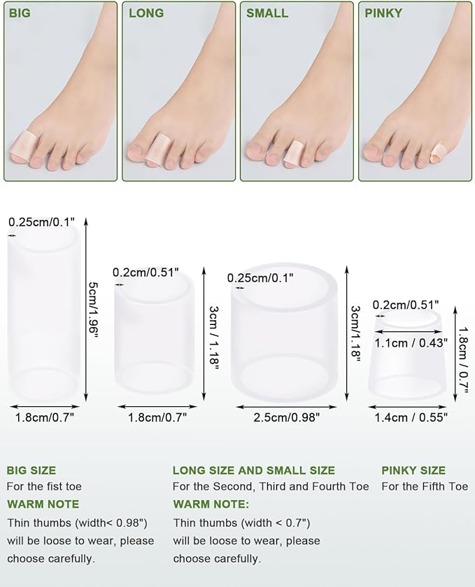 12PCS Silicone Toe Protectors Sleeves Gel Corn Pads Toe Tube Cushions with 4 Size, Soft Toes Covers for Women Men Pain Relief, Calluses, Blisters, Hammertoe (12Pc, Silicone)