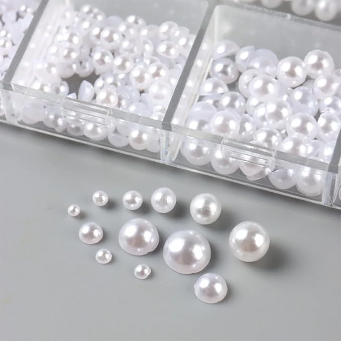 12 Grids Half Round Pearl Beads 3D Nail Charms Elegant White Wedding Designs Decorations Mixed Pearls Ornaments Manicure Decor (White)