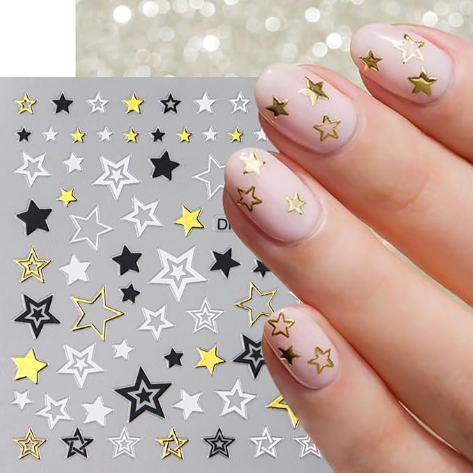 Nail Stickers for Nail Art - Gold, Silver, Black Star Heart Decals, 3D Self-Adhesive Five-Pointed Star Nail Art Supplies for Women DIY Acrylic Manicure Decoration - 6 Sheets