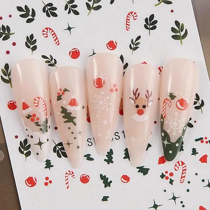 Christmas Nail Art Stickers Decals Holly Leaf Candy Cane Design 3D Self-Adhesive Xmas Nail Art Supplies Decals 6PCS Snowflakes Bow Star Ball Christmas Stickers for Nails Holiday Manicure Decorations