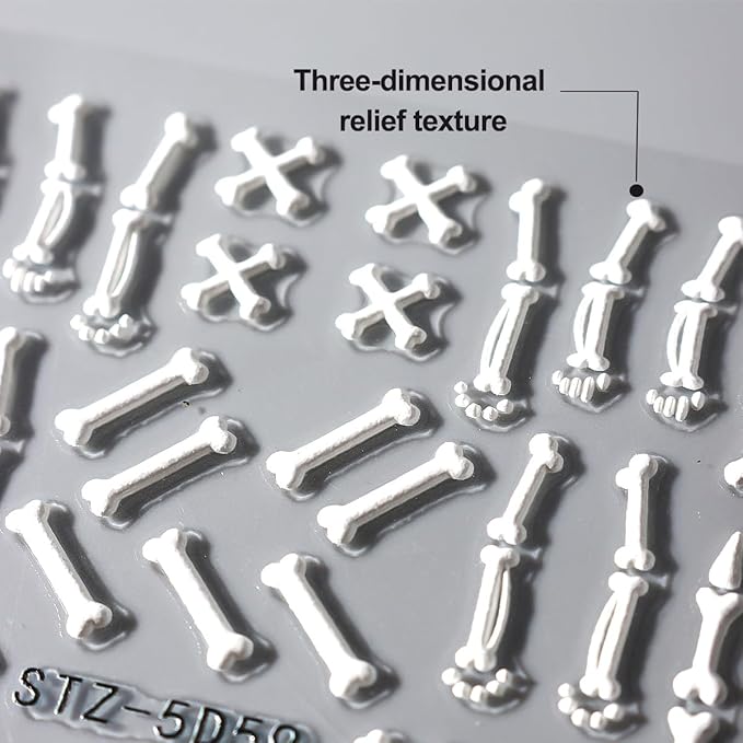 6Pcs Halloween Nail Stickers for Nail Art, 5D Embossed Skeleton Decals Self-Adhesive Nails Supplies Rose Gold White Bone Skeleton Designs Goth Nail Stickers for DIY Manicure Decor