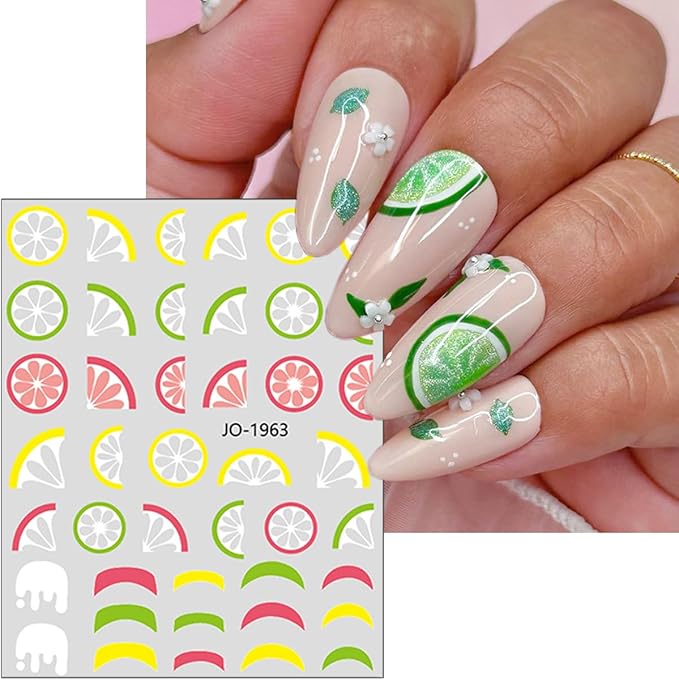 Fruit Nail Stickers 6Sheets Summer Nails Art Stickers 3D Mixed Cherry Watermelon Strawberry Lemon Flower Nail Design Nail Decals Colorful Fruit Nail Art Supplies for Women Manicure Decoration