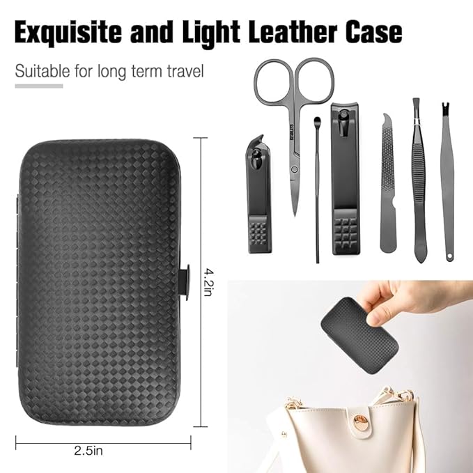 Christmas Stocking Stuffers Nail Clippers for Men Manicure Kit Nail Tweezers Professional Stainless Steel with Leather Travel Case for Boyfriend Husband College Dorm Essentials Tool Set 7 in 1 Black