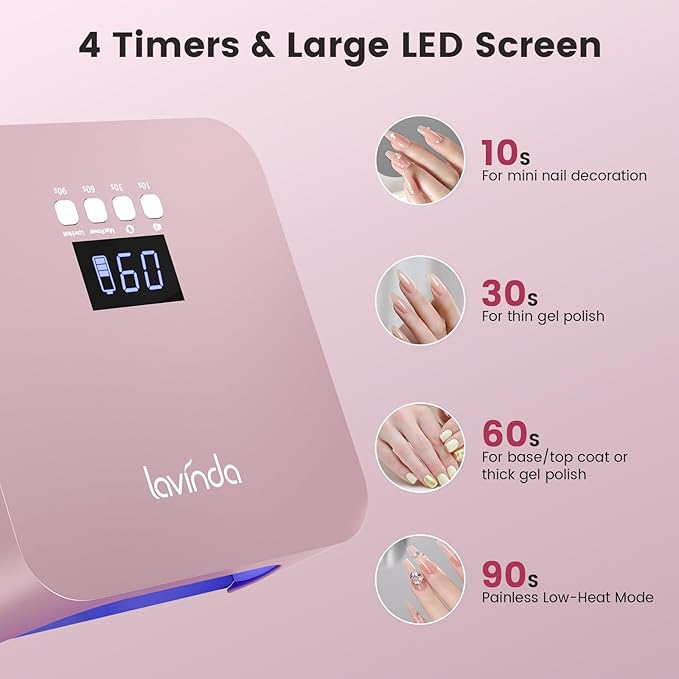 Lavinda 48W UV Nail Lamp, Rechargeable Cordless UV Light for Gel Nails LED Nail Dryer with Auto Sensor, 4 Timer Settings & LCD Display, Fast Curing Light All Gel Polish for Home&Salon (Rose Gold X7)