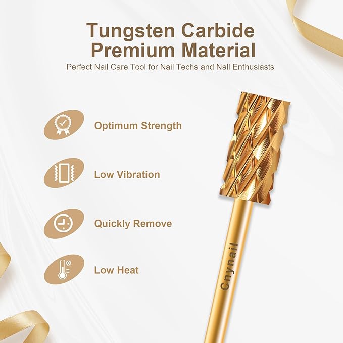 3/32" Large Barrel Flat Top Tungsten Carbide Nail Drill Bit Safety Bit for Gel & Acrylic Removal, Right-Way Rotating Efile Tip, Salon Electric File Accessory (5XC Grit, Gold)