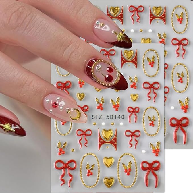 5D Embossed Nail Stickers Red Gold Bow Heart Nail Decals DIY Self Adhesive Christmas Nail Design Sticker Cute Nail Decoration Supplies Holiday Manicure Accessories for Women Girls 2Pcs