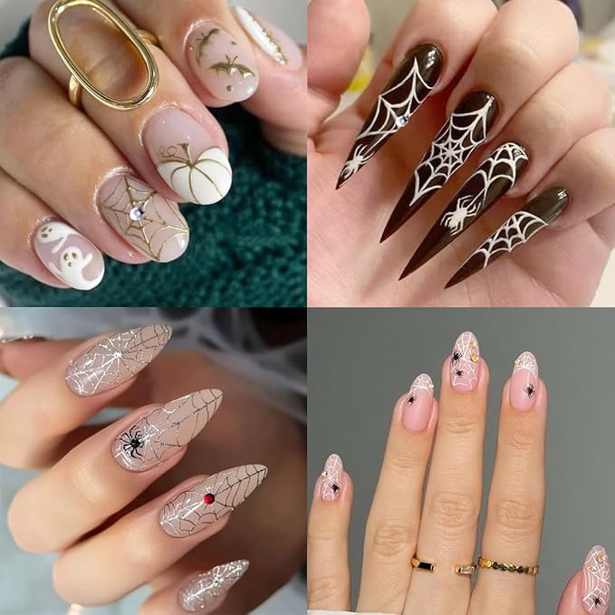 4Pcs Halloween Nail Art Stickers Decals with Rhinestones Design Spider Web Nail Stickers Glitter Gold Silver White Bow Spider Nail Decals Goth Nail Art Supplies Halloween Decoration for Manicure