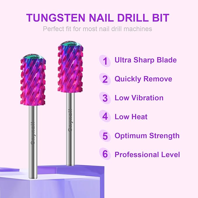 3/32" 2PCS Large Barrel Smooth Round Top Tungsten Carbide Nail Drill Bit Safety Bit for Gel & Acrylic Removal, 2-Way Rotating Efile Tip, Salon Electric File Accessory (3XC Grit, Purple)