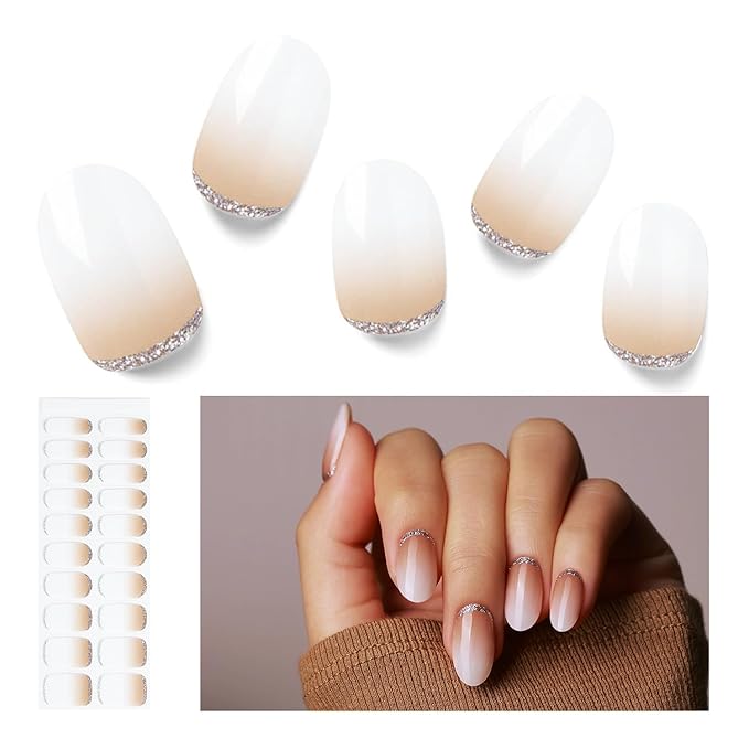 Semi Cured Gel Nail Strips, 20 PCS Gel Nail Stickers Work with UV Light, Salon Quality & Easy to Use - Shiny Nude