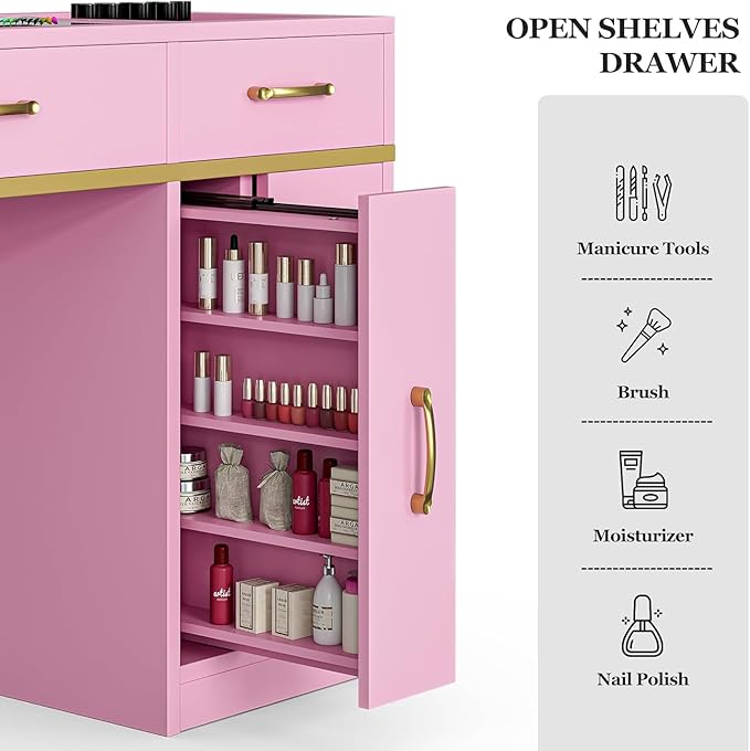 Nail Tech Table with Dust Collector, Glass Top Manicure Table Nail Desk Station w/7 Drawers & 3-Tiers Open Shelves, Nail Beauty Workstation w/Wrist Cushion & Golden Handles(Pink-New)