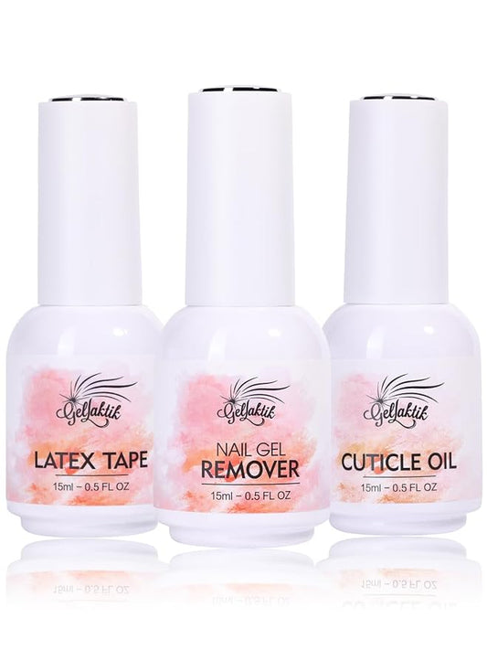 Gel Polish Remover Kit, 15ml×3 Set with Gel Polish Remover for Nails & Cuticle Oil & Liquid Latex Tape, No Soaking or Wrapping, Removes Gel Nails in 3-5 Minutes, Nail Care Set
