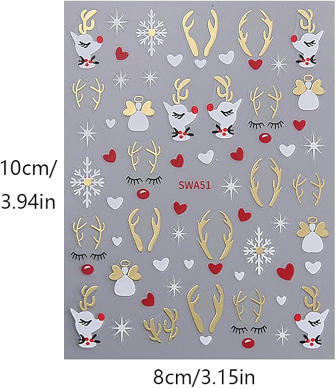 4 Sheets Christmas Nail Art Stickers White Elk Nail Decals with Xmas Snowflake Gold Silver Antlers Design 3D Self-Adhesive Nail Stickers Acrylic Nail Supplies for Women DIY Christmas Decorations