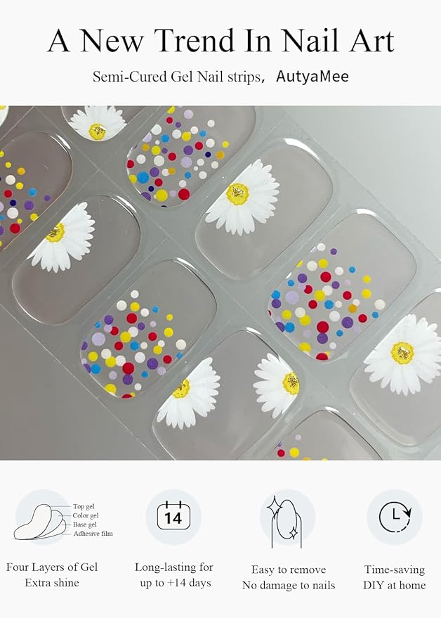 Semi Cured Gel Nail Strips (Daisy), Clear, Summer, 20 Pcs Gel Nail Wraps, Stickers, UV Light Required, Salon Quality, Long Lasting