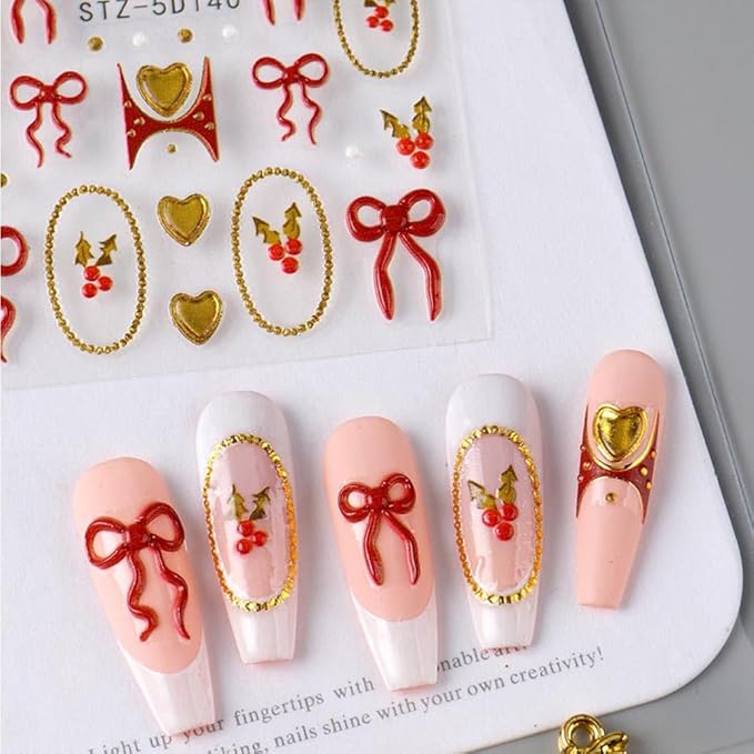5D Embossed Nail Stickers Red Gold Bow Heart Nail Decals DIY Self Adhesive Christmas Nail Design Sticker Cute Nail Decoration Supplies Holiday Manicure Accessories for Women Girls 2Pcs