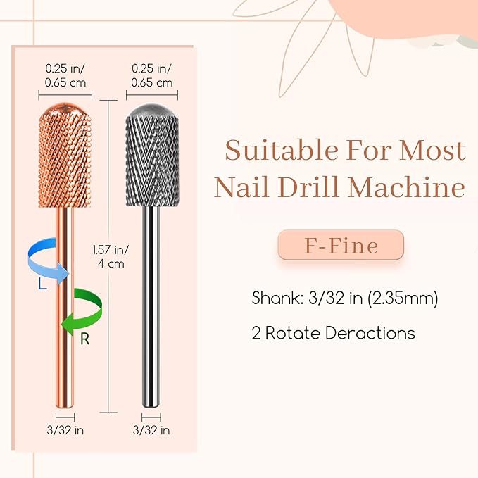 Nail Drill Bits, 2PCS Safety Bits for Nail Drill, Tungsten Carbide Bits, 3/32" Electric Drill Bits Set for Acrylic, Gel Nails, Large Barrel Fine Nail Bits for Salon Experienced