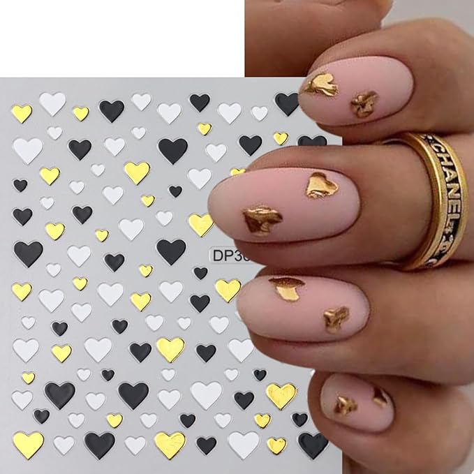 Nail Stickers for Nail Art - Gold, Silver, Black Star Heart Decals, 3D Self-Adhesive Five-Pointed Star Nail Art Supplies for Women DIY Acrylic Manicure Decoration - 6 Sheets