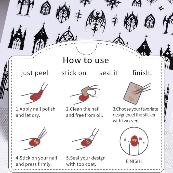 7 Sheets Black Gothic Nail Stickers for Nail Art, 3D Self-Adhesive Witchy Halloween Nail Decals, Nail Supplies Nail Art Designs Accessories for Women and Girls Manicure DIY Decoration
