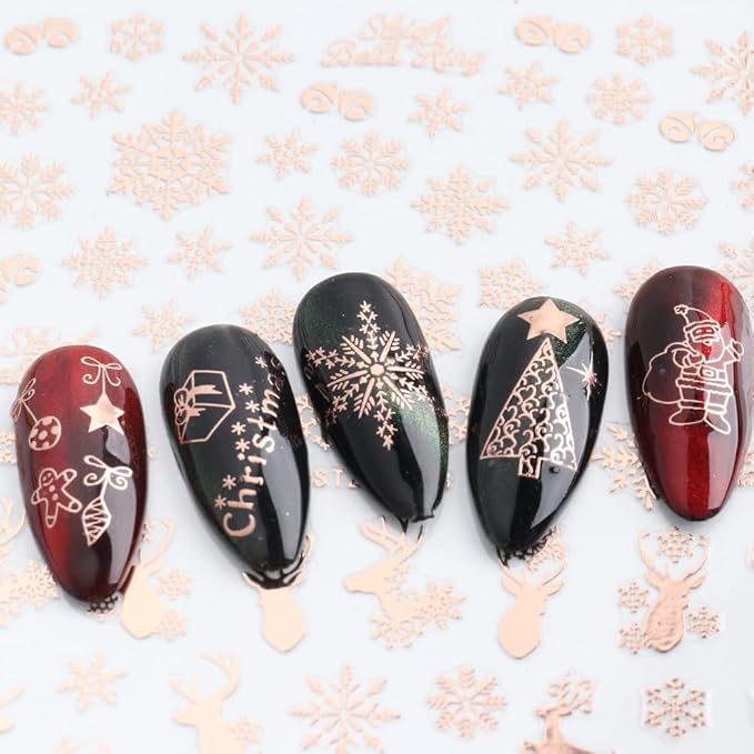 JMEOWIO 9 Sheets Christmas Nail Art Stickers Decals Self-Adhesive Pegatinas Uñas Navidad Rose Gold Winter Holiday Xmas Snowflake Nail Supplies Nail Art Design Decoration Accessories