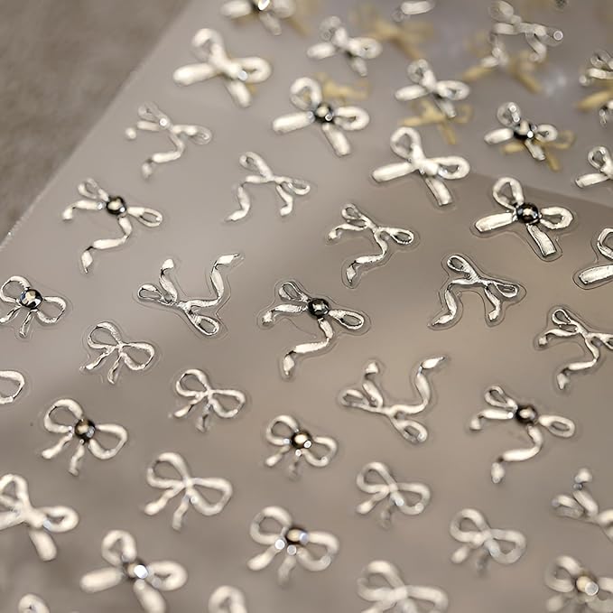 5D Embossed Bow Nail Art Stickers Decals Silver Gold Bow Nail Stickers for Nail Art Self Adhesive Silver Gold Bow Nail Art Supplies for DIY Manicure Decoration for Women Girls 2 Sheets