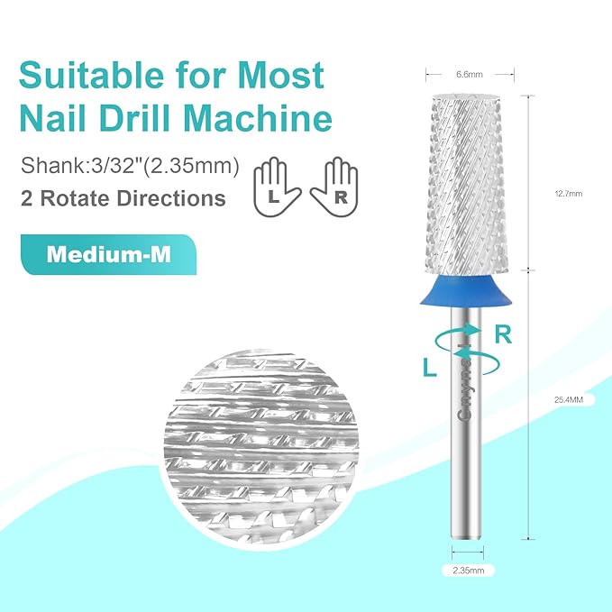 3/32" Large Tapered Barrel Flat Bit Tungsten Carbide Nail Drill Bit Safety Bit for Gel & Acrylic Removal, 2- Way Rotating Efile Tip, Salon Electric File Accessory (M Girt, Silver)