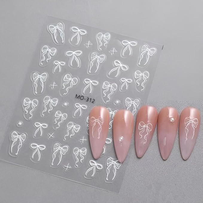 4 Sheets White Nail Art Stickers Decals Bow-tie Butterfly Nail Stickers 3D Self Adhesive with Pearls Nail Decals Supplies Nail Art Design Decoration Accessories for Women and Girls